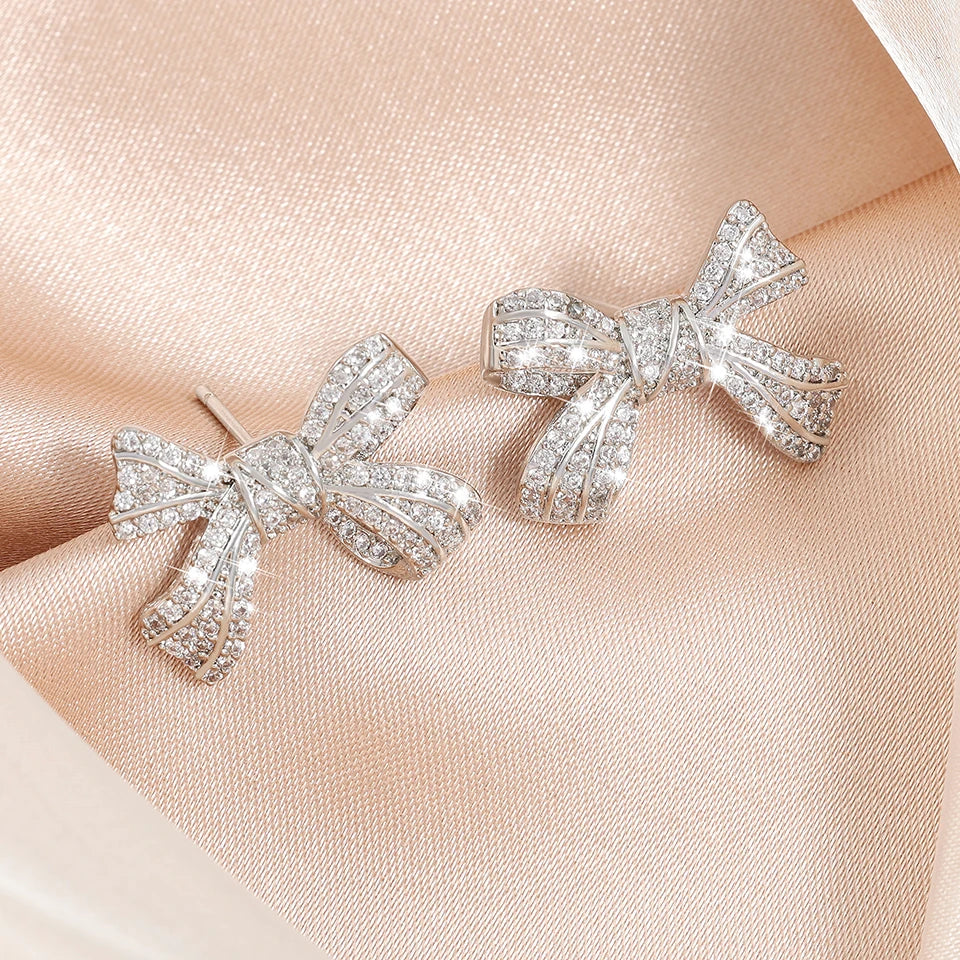 ZAKOL New Brilliant Micropaved Zirconia Bowknot Earrings Delicate Sliver Color Ear Accessories Gift for Women